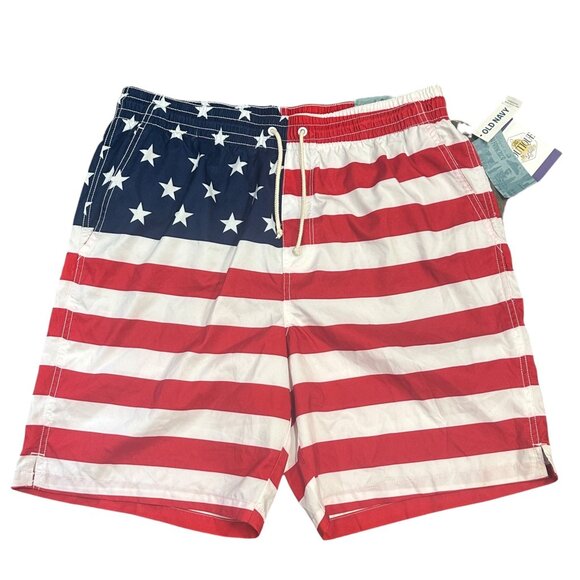NWT Old Navy Mens L American Flag Swim Trunks UPF 50 Stars Stripes Drawstring - Picture 13 of 13